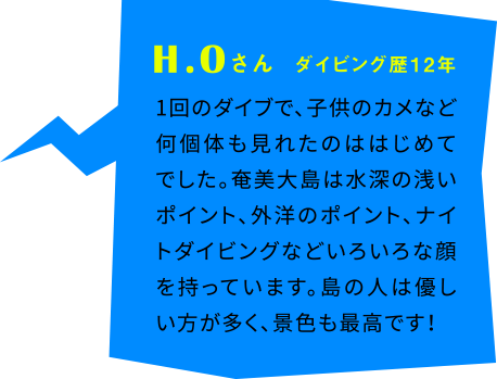 H.Oさん ダイビング歴12年 1回のダイブで、子供のカメなど何個体も見れたのははじめてでした。奄美大島は水深の浅いポイント、外洋のポイント、ナイトダイビングなどいろいろな顔を持っています。島の人は優しい方が多く、景色も最高です！